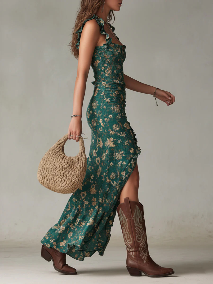 Della | Ruched Floral Slit Dress