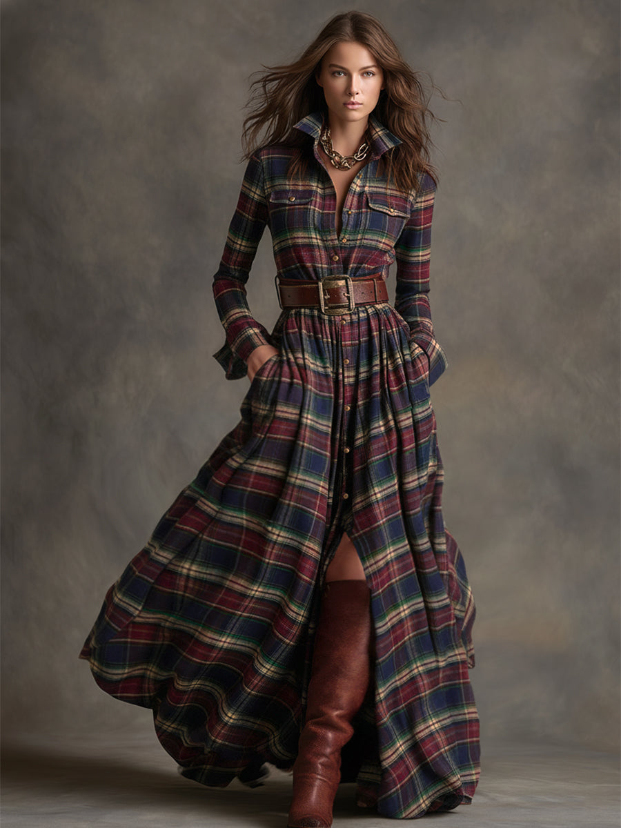 Retro Ethnic Style Reddish Brown Plaid Dress