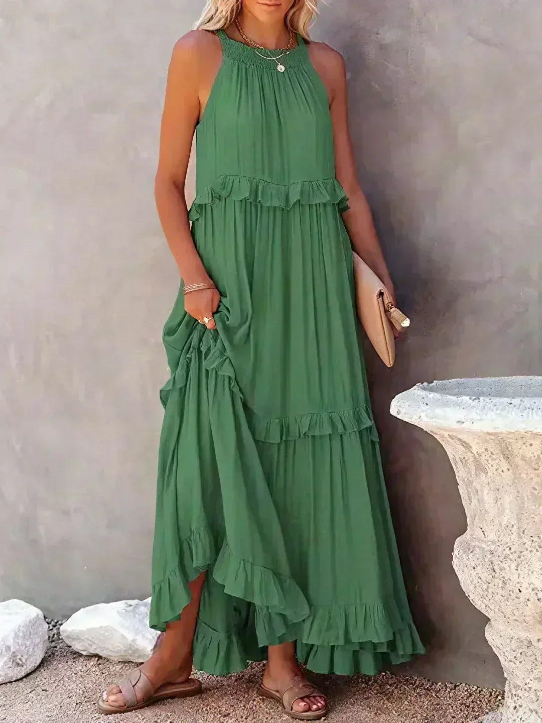 Delilah - Elegant Halter Neck Ruffle Trim Dress
