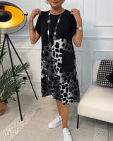 Allison - Stylish Short Sleeve Leopard Print Midi Dress
