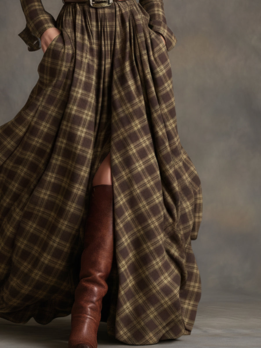 Retro Ethnic Style Reddish Brown Plaid Dress