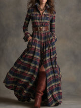 Retro Ethnic Style Reddish Brown Plaid Dress