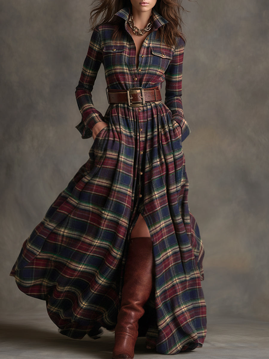 Retro Ethnic Style Reddish Brown Plaid Dress