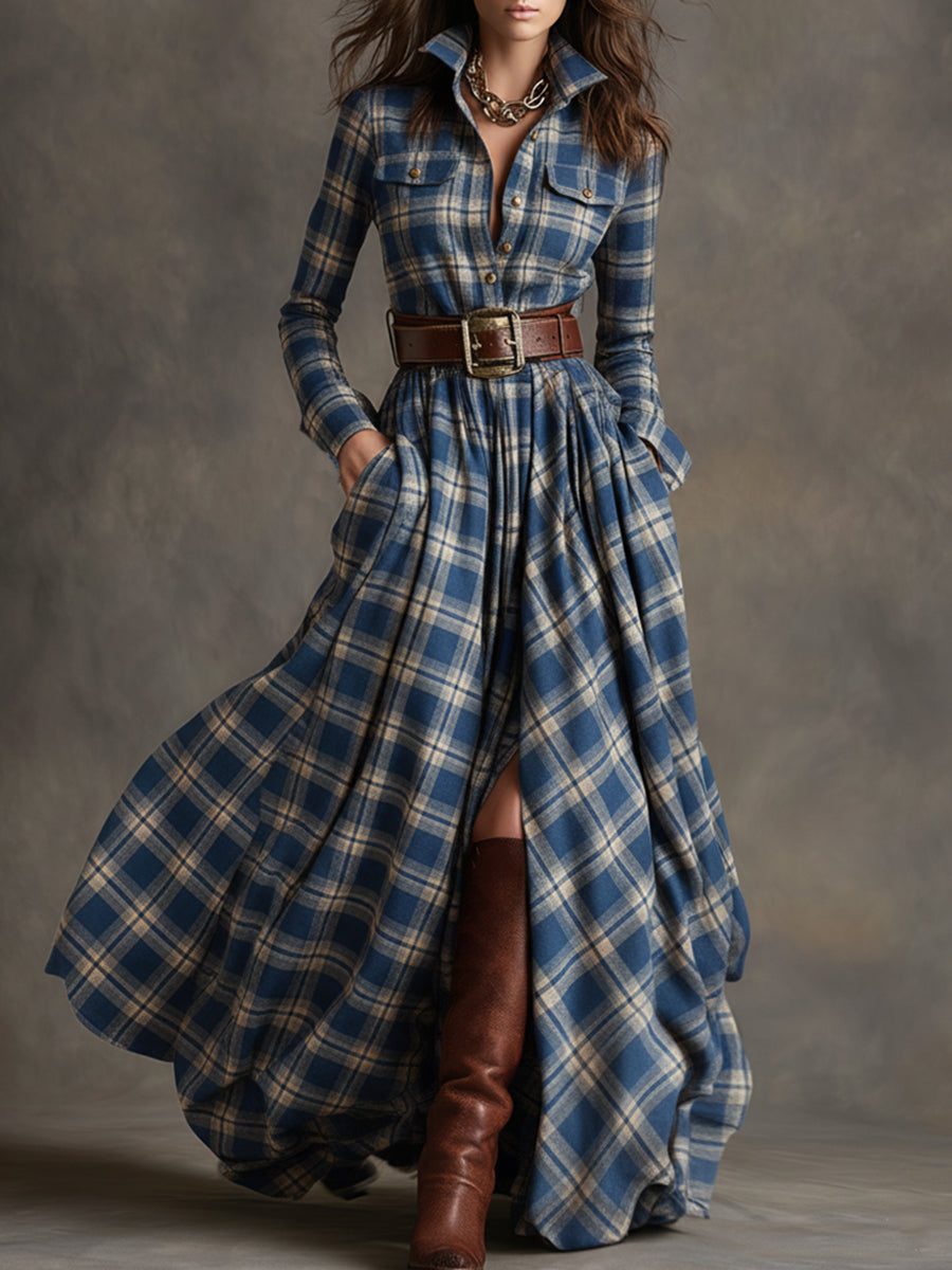 Retro Ethnic Style Reddish Brown Plaid Dress