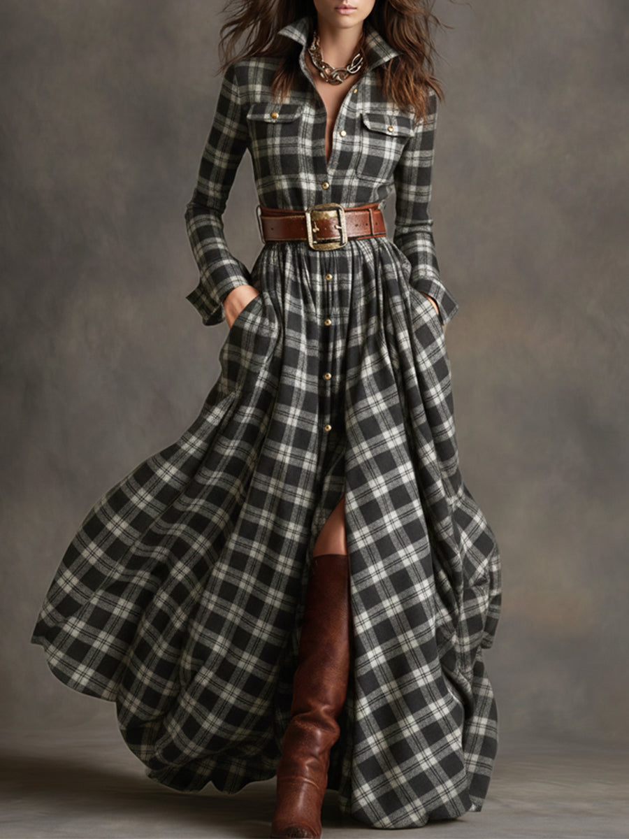Retro Ethnic Style Reddish Brown Plaid Dress