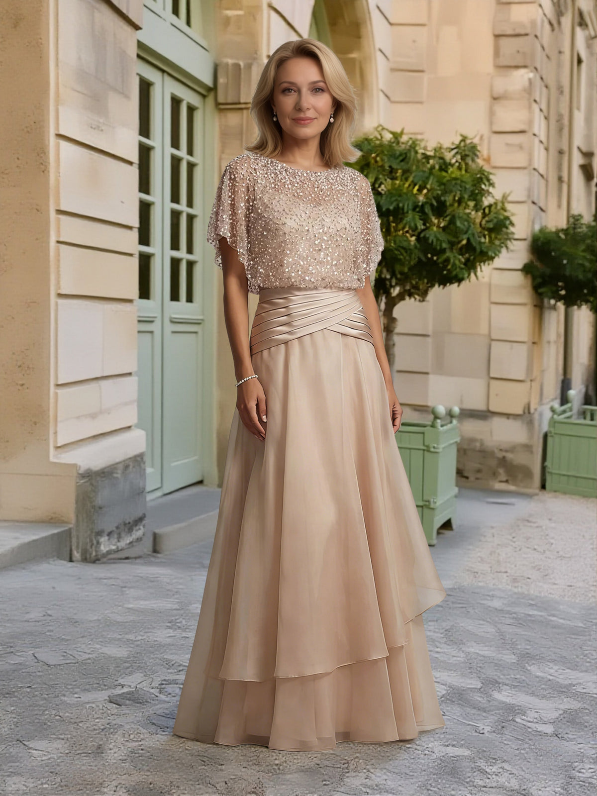 Cicinia Layered Champagne Mother Of The Bride Dress Long Chiffon Sequins A-line Batwing Sleeves