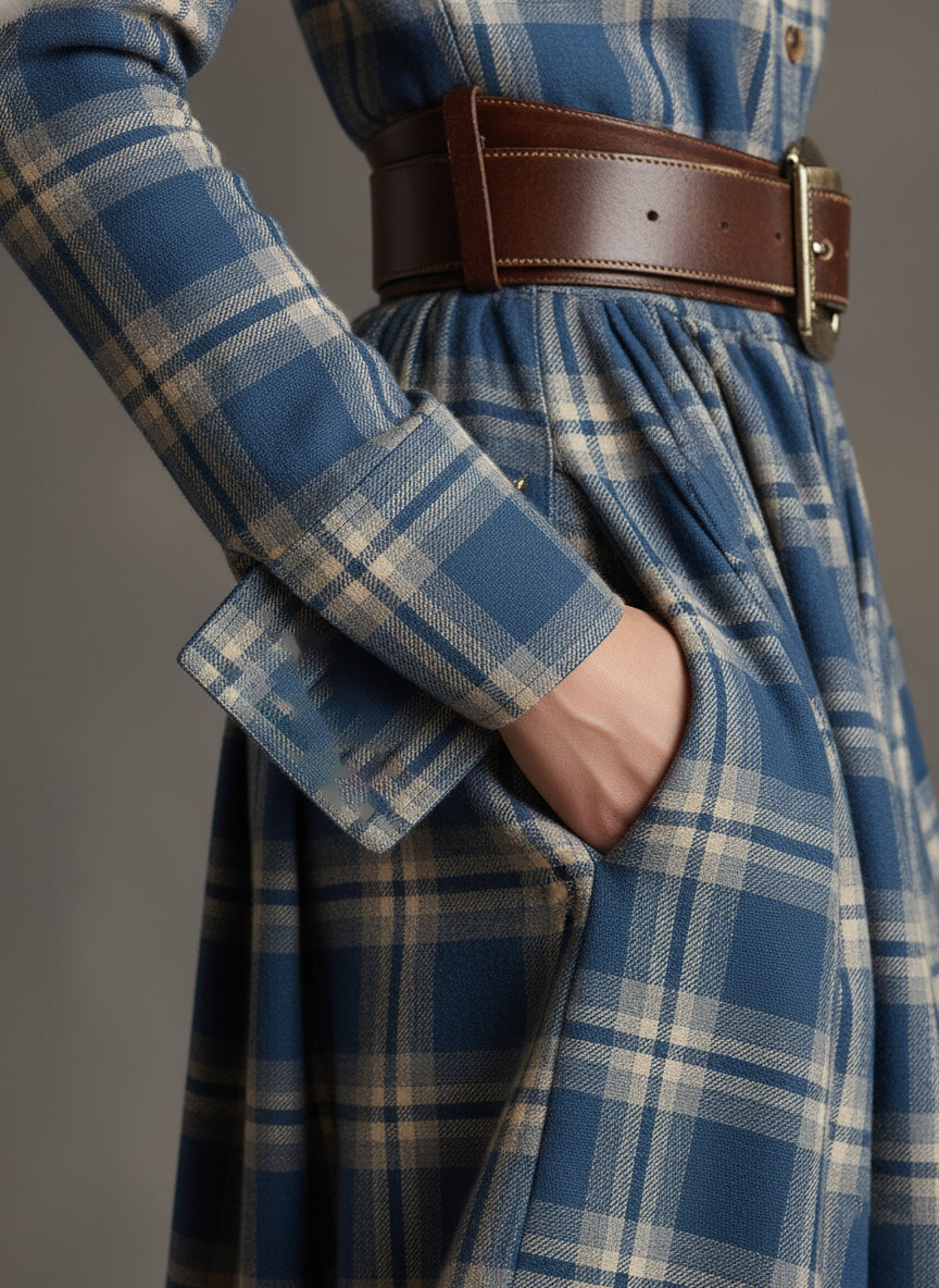 Retro Ethnic Style Reddish Brown Plaid Dress