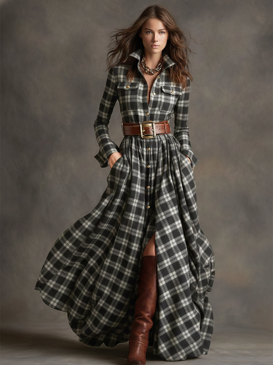 Retro Ethnic Style Reddish Brown Plaid Dress