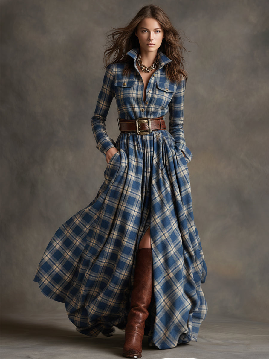 Retro Ethnic Style Reddish Brown Plaid Dress