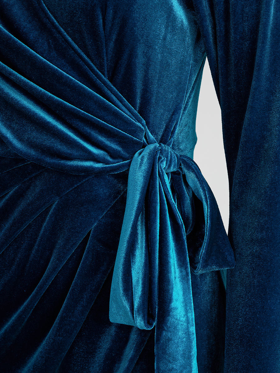 Elegant Midnight Blue Velvet Wrap Midi Dress