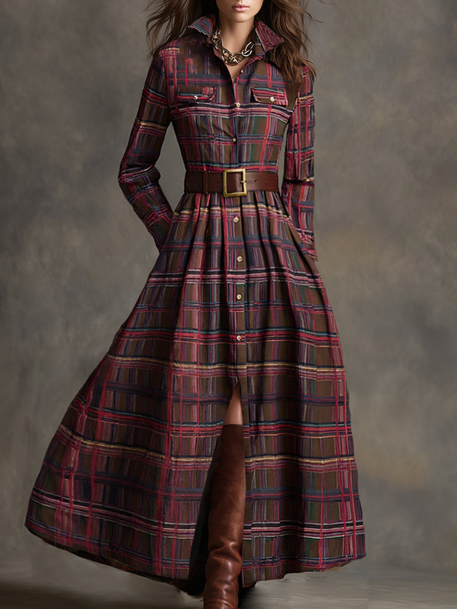 Retro Ethnic Style Reddish Brown Plaid Dress