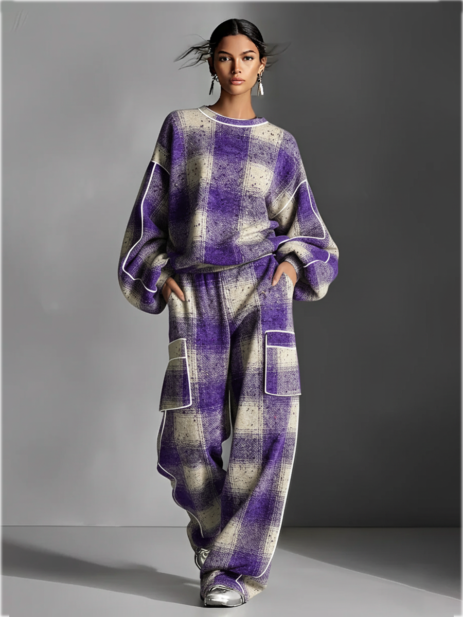 Women's Red And Gray Plaid Brushed Distressed Street Style Color-Blocked Piping Pantsuit Set MDA1065K4I