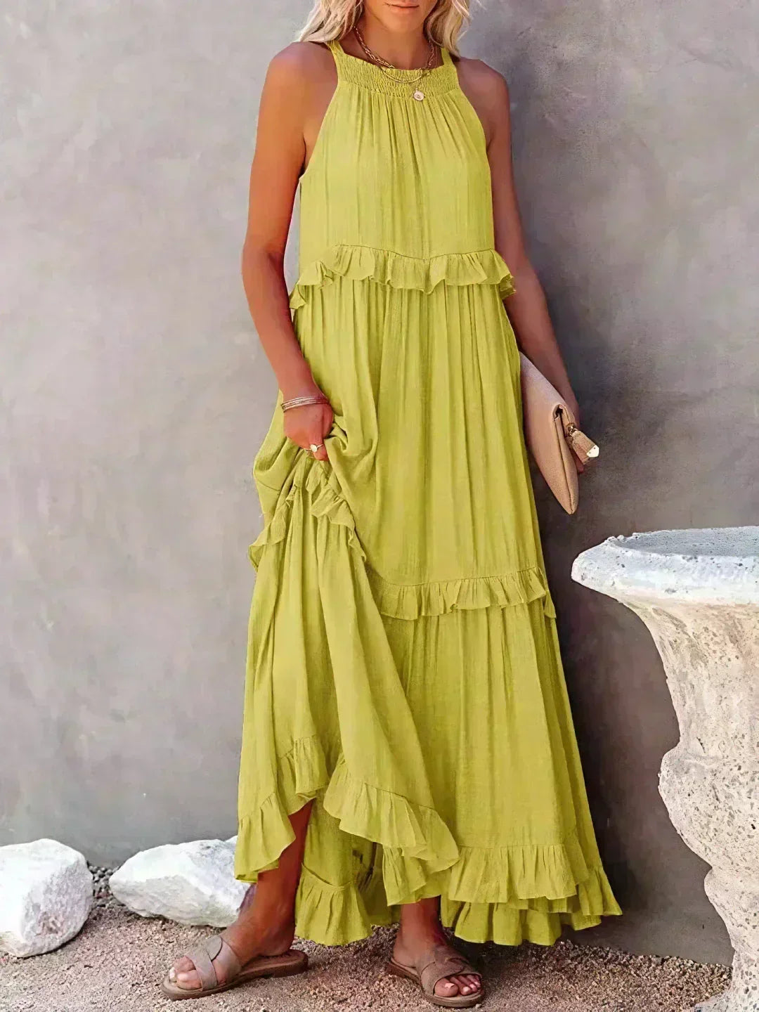 Delilah - Elegant Halter Neck Ruffle Trim Dress