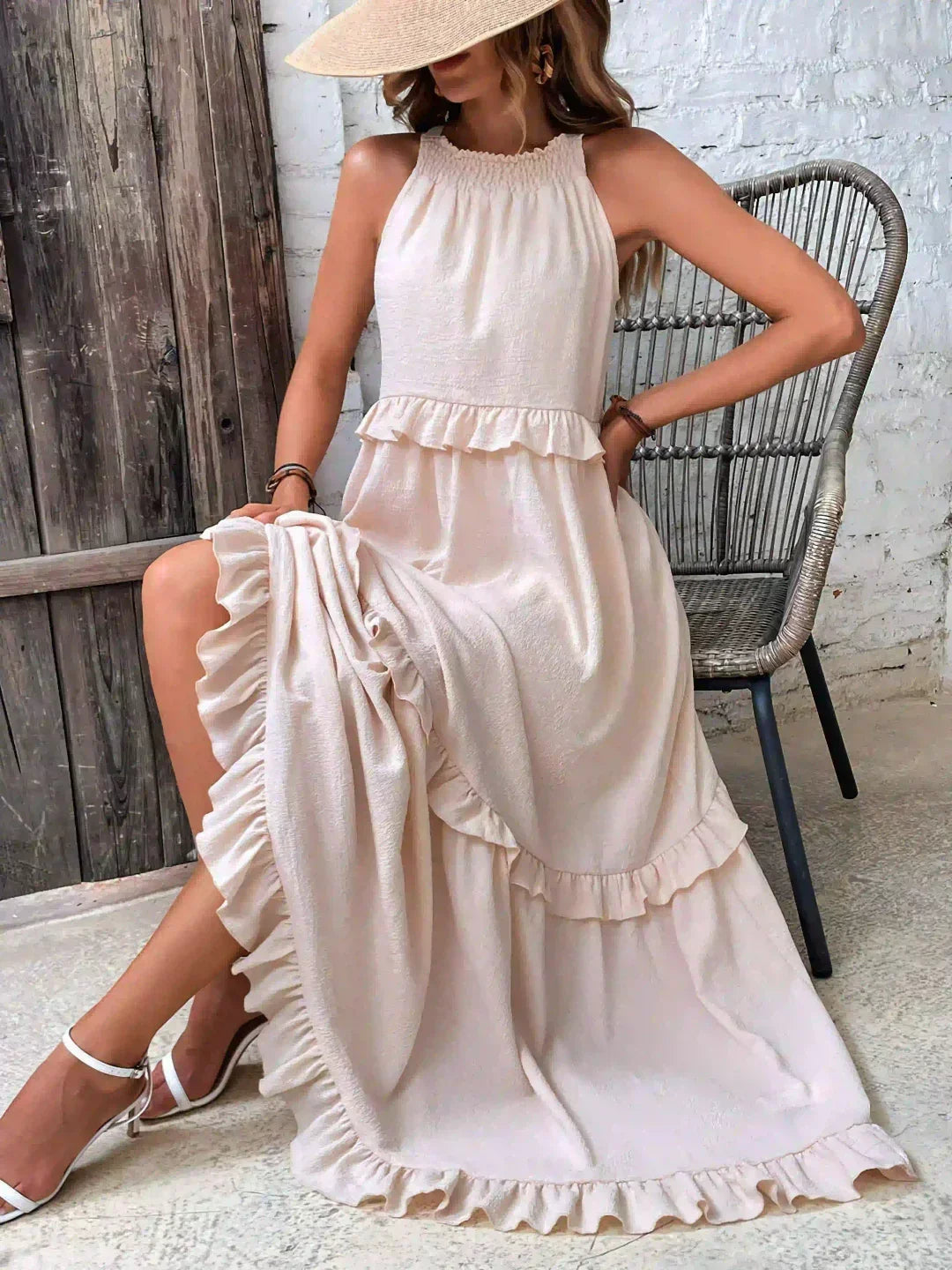 Delilah - Elegant Halter Neck Ruffle Trim Dress