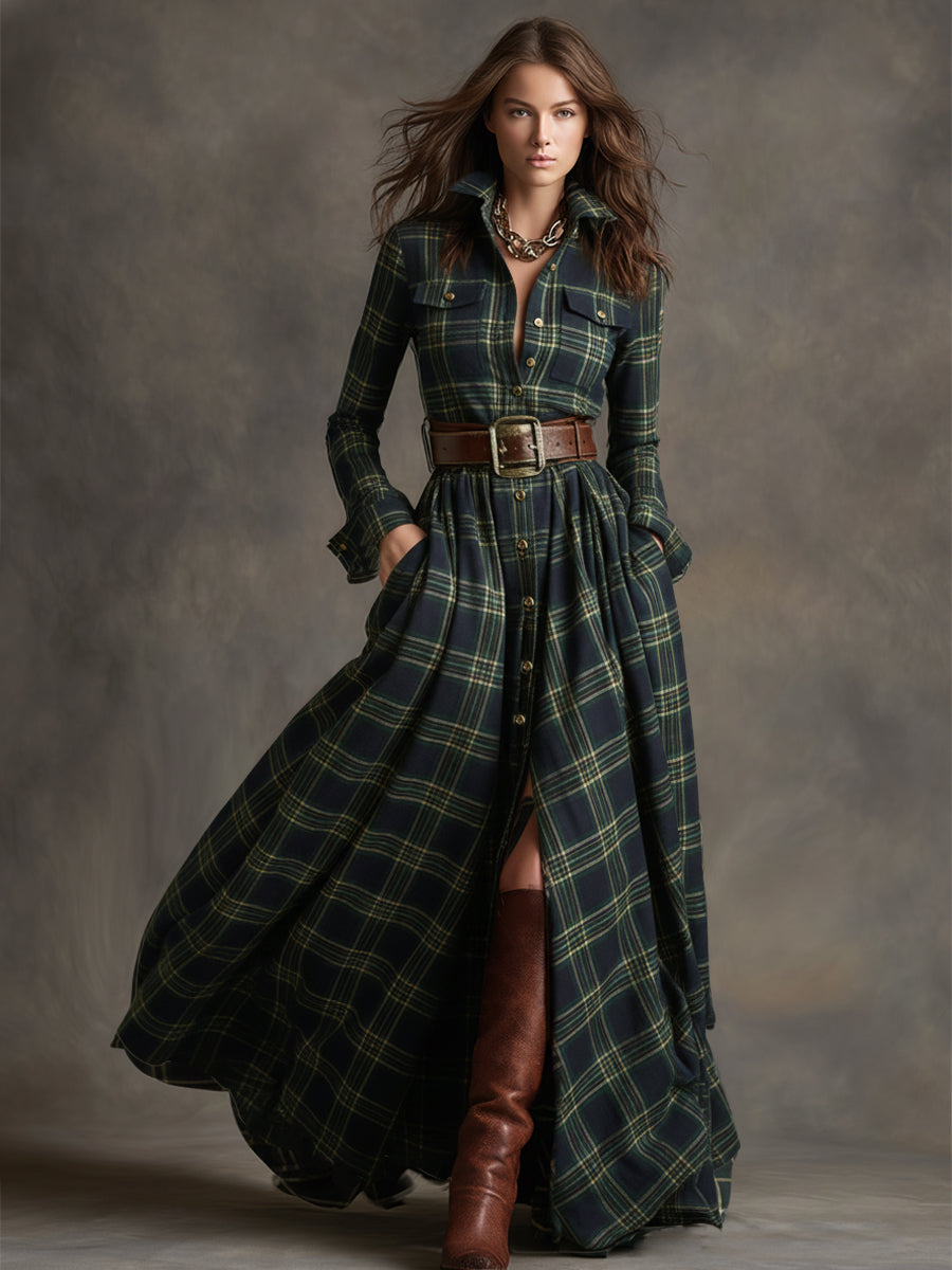 Retro Ethnic Style Reddish Brown Plaid Dress