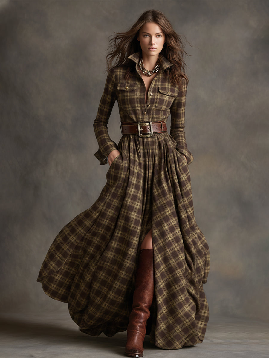 Retro Ethnic Style Reddish Brown Plaid Dress