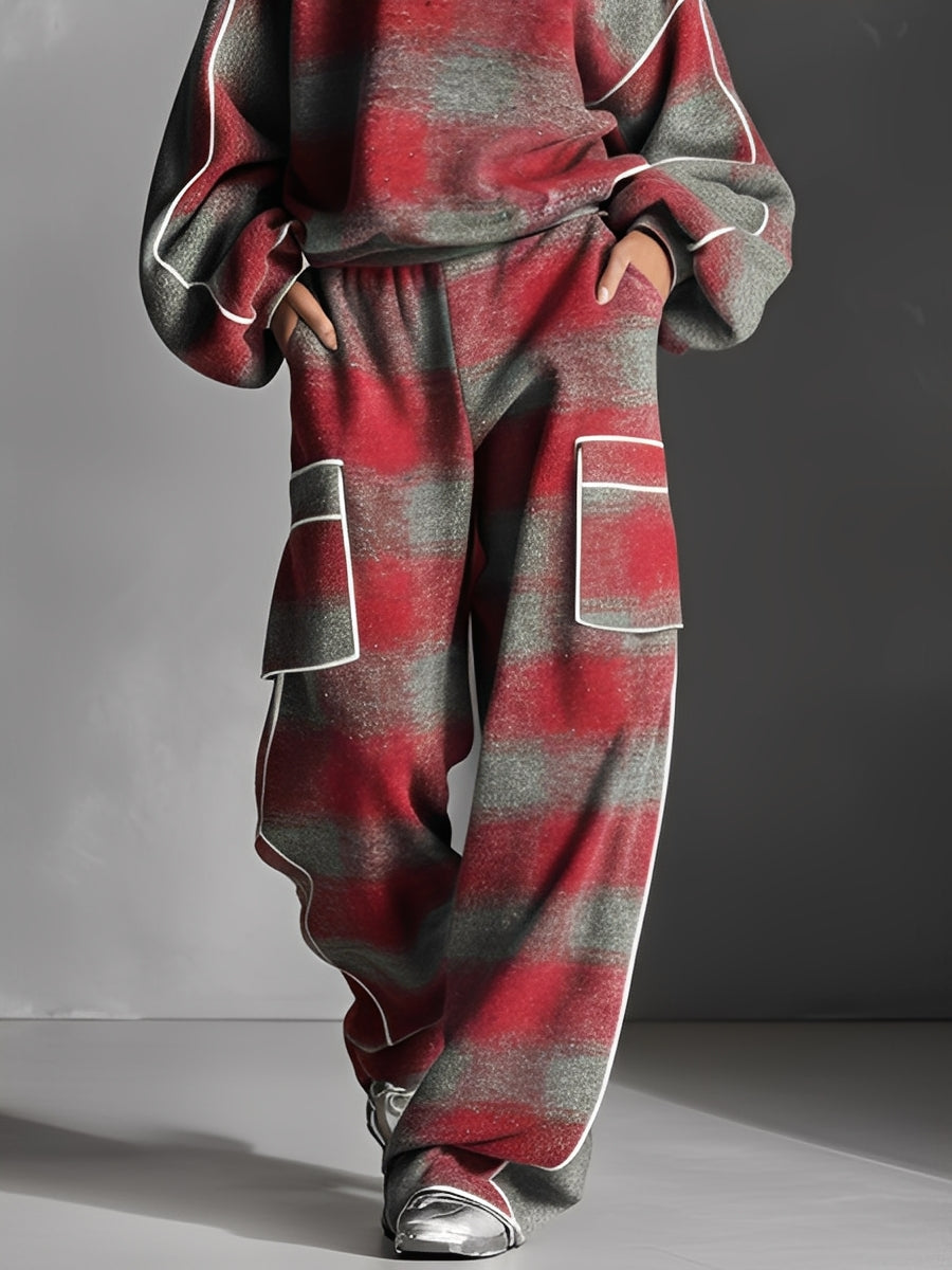 Women's Red And Gray Plaid Brushed Distressed Street Style Color-Blocked Piping Pantsuit Set MDA1065K4I