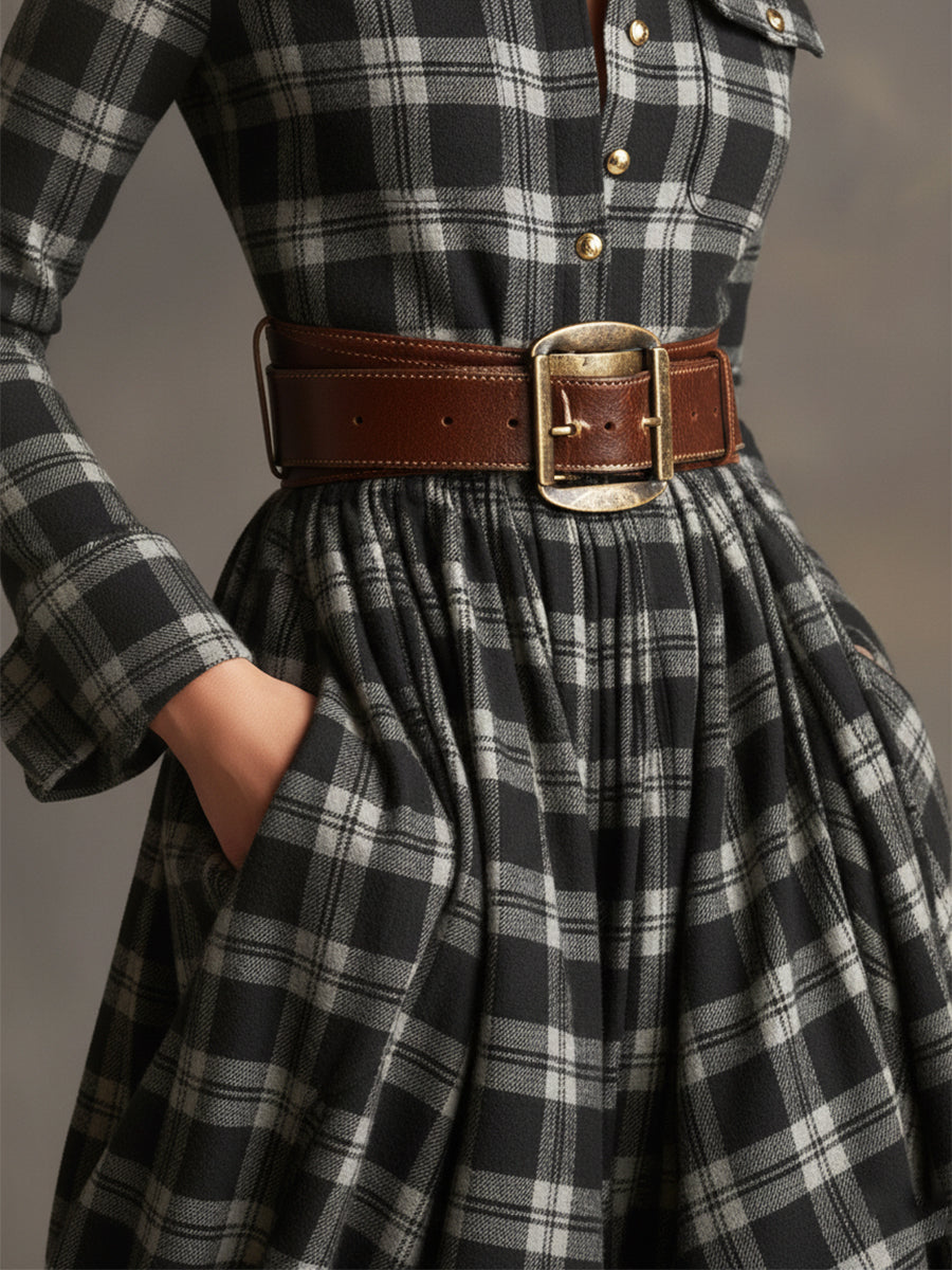 Retro Ethnic Style Reddish Brown Plaid Dress