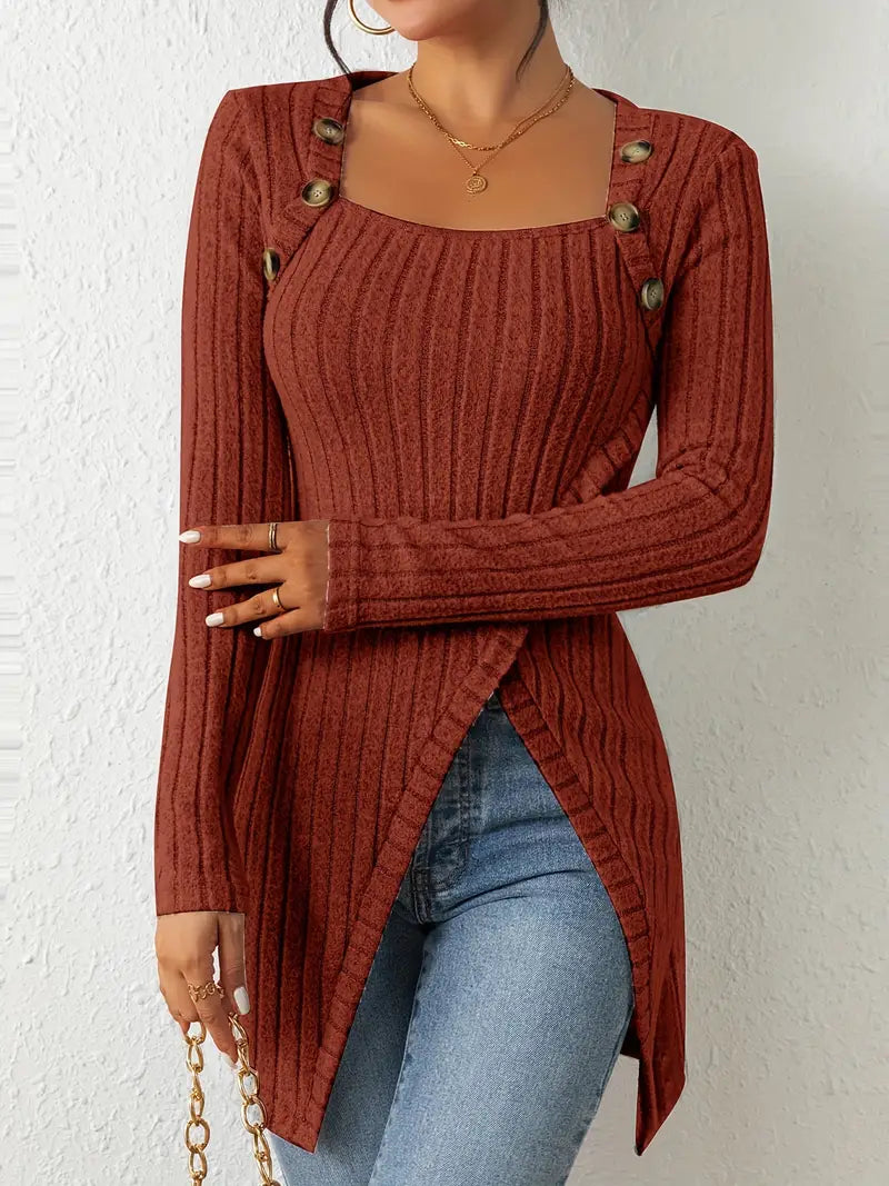 Ava - Asymmetrical Buttoned Ribbed Top
