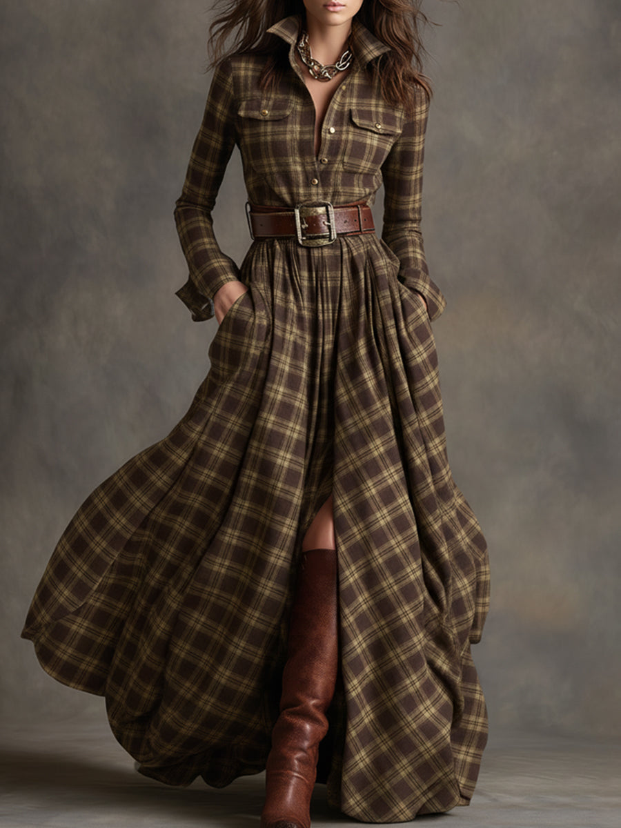 Retro Ethnic Style Reddish Brown Plaid Dress
