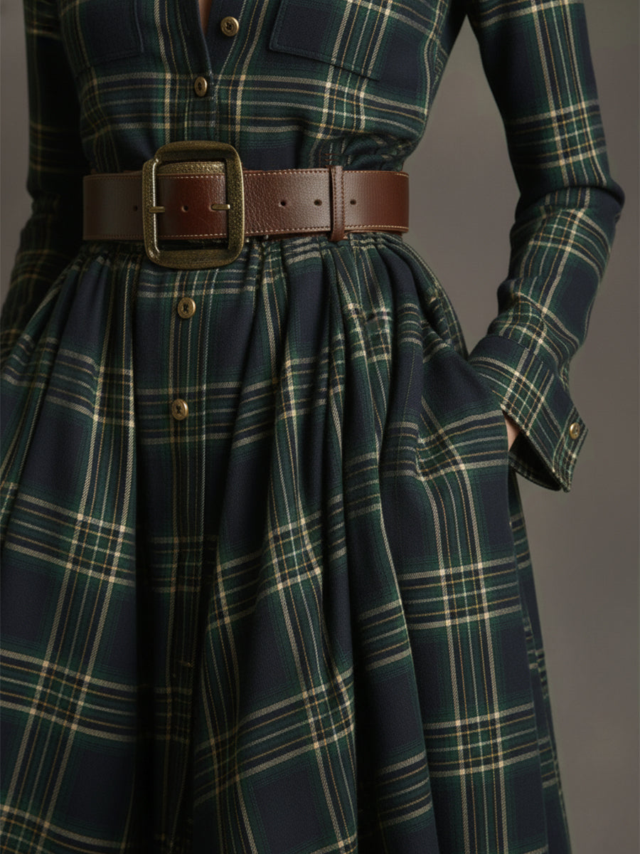 Retro Ethnic Style Reddish Brown Plaid Dress