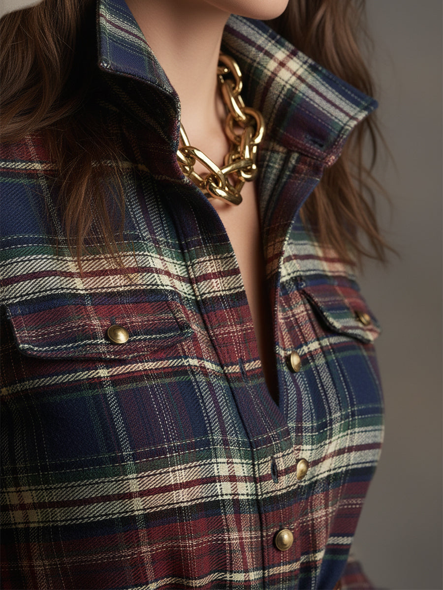 Retro Ethnic Style Reddish Brown Plaid Dress