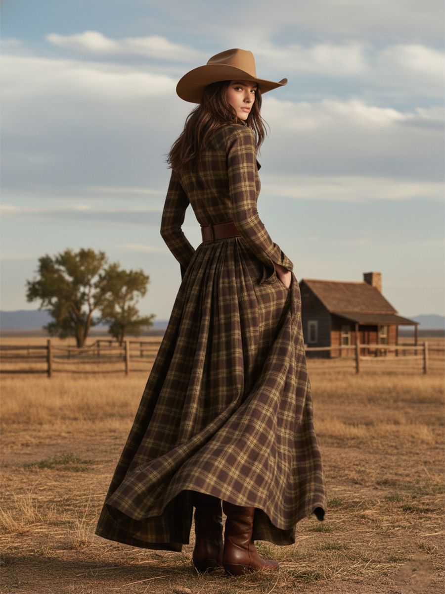 Retro Ethnic Style Reddish Brown Plaid Dress