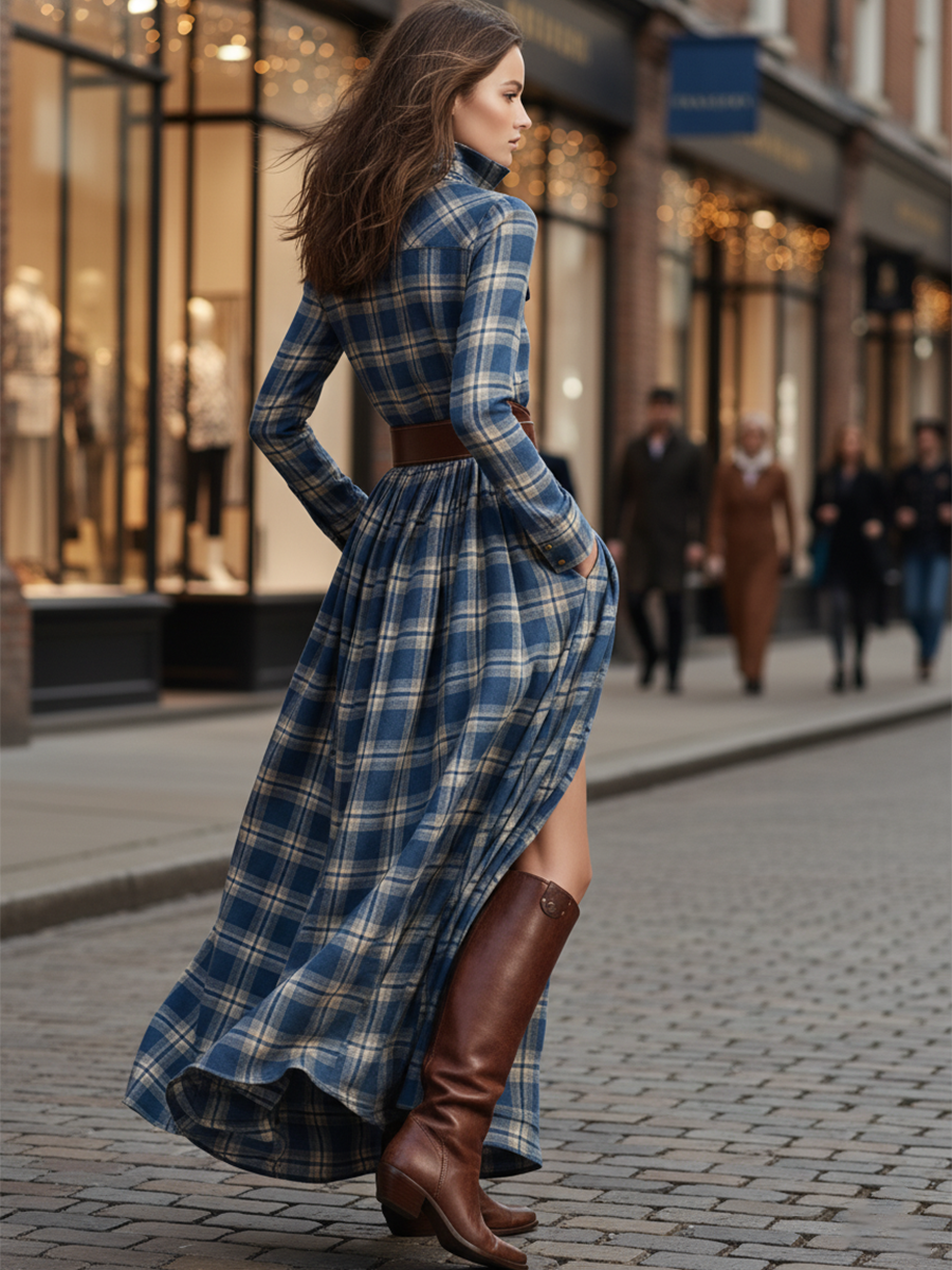 Retro Ethnic Style Reddish Brown Plaid Dress