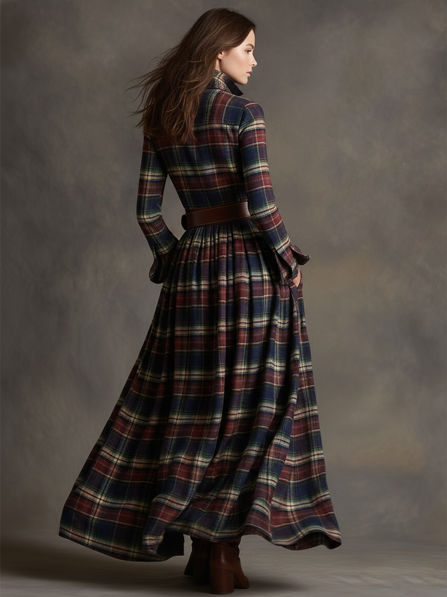 Retro Ethnic Style Reddish Brown Plaid Dress