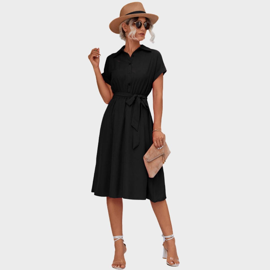 Britany - Button-Up Shirt Dress With Waist Tie