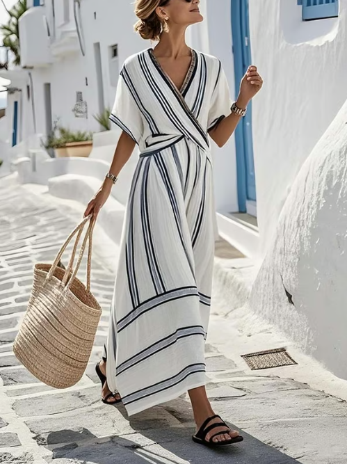 Elegant cross-neck linen dress