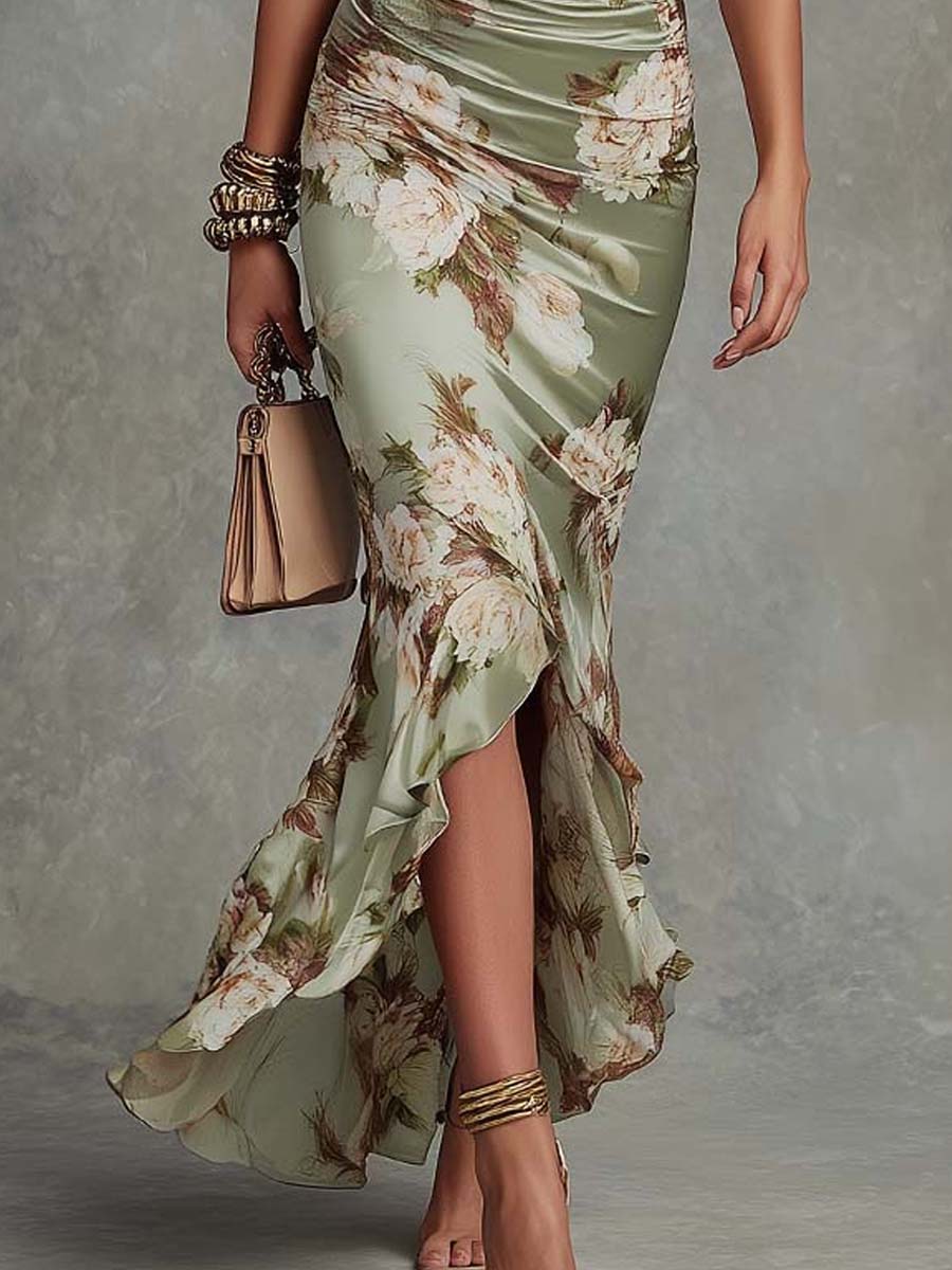 Anya | Ruched Floral Slit Dress
