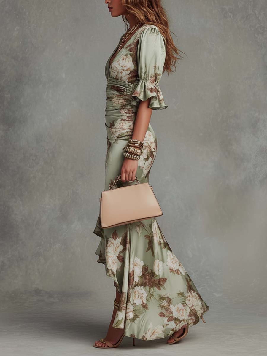 Anya | Ruched Floral Slit Dress