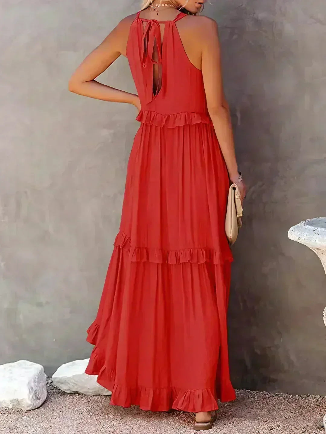 Delilah - Elegant Halter Neck Ruffle Trim Dress