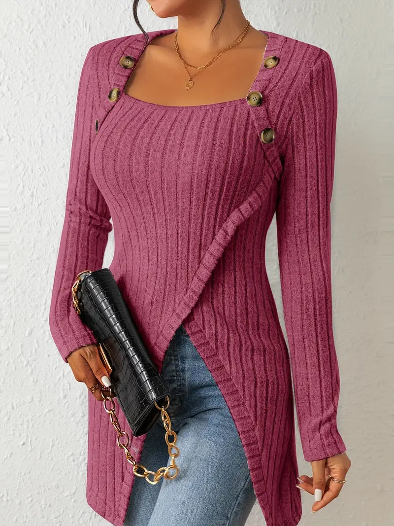 Ava - Asymmetrical Buttoned Ribbed Top