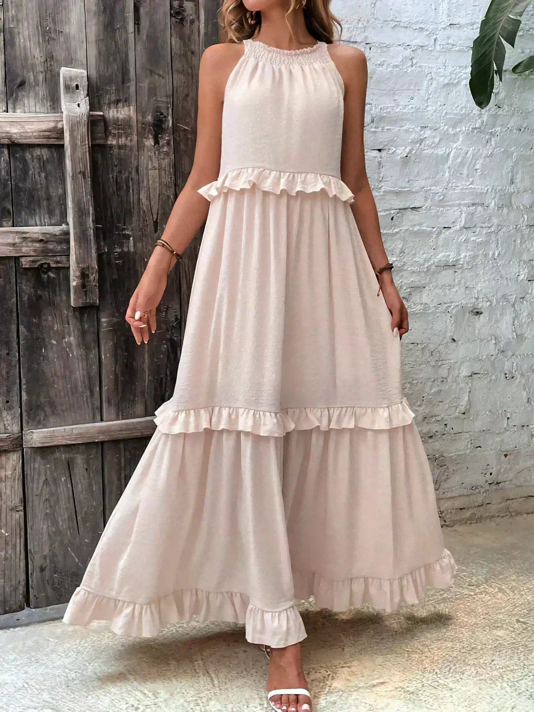 Delilah - Elegant Halter Neck Ruffle Trim Dress