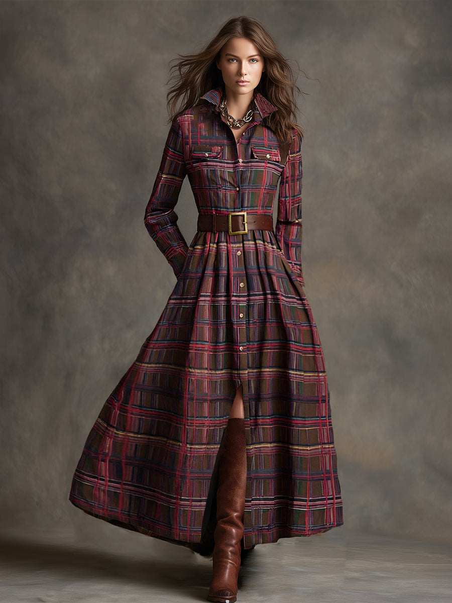 Retro Ethnic Style Reddish Brown Plaid Dress