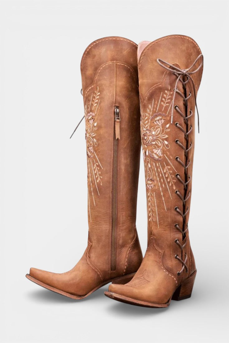 Antonine Vintage Western Lace-Up Boots with Embroidery