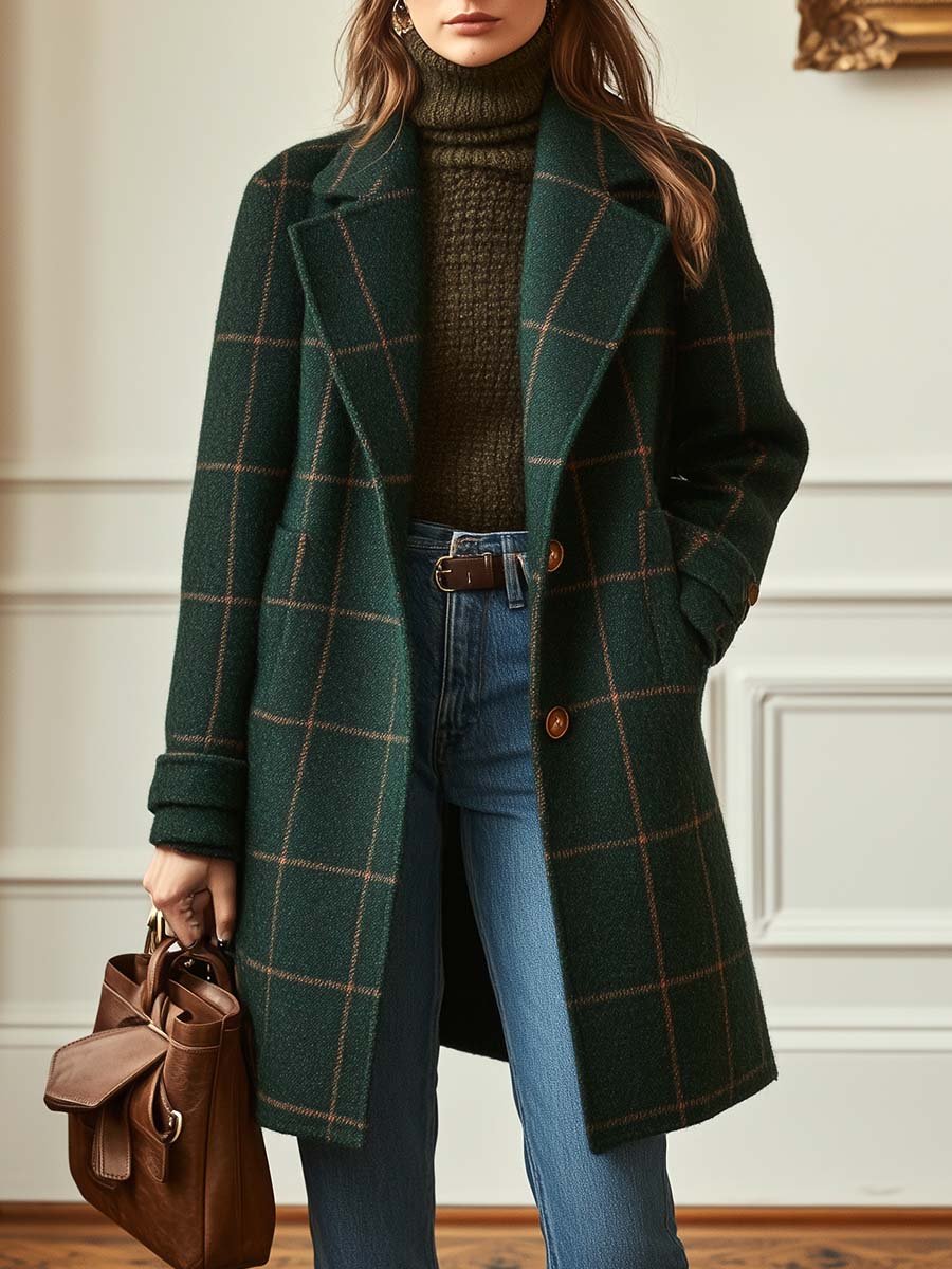 EVELINA – ELEGANT GREEN CHECKED WOOL COAT