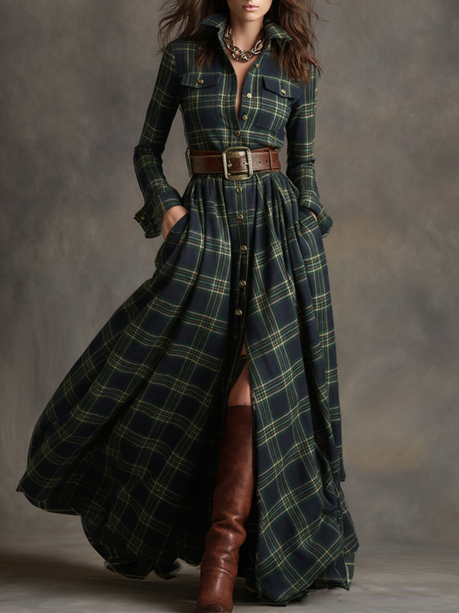 Retro Ethnic Style Reddish Brown Plaid Dress