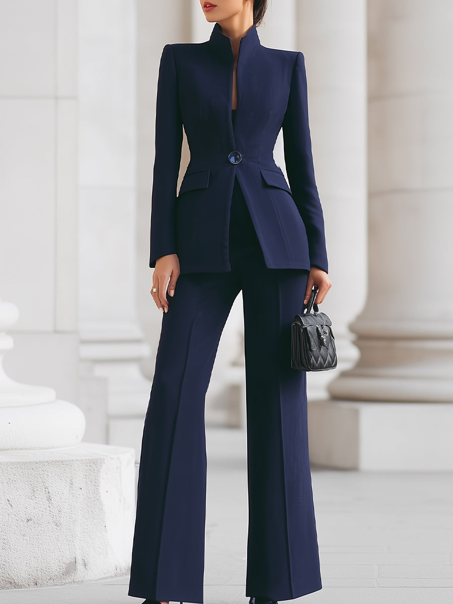 Navy Blue Suit with High Collar Blazer and Wide Leg Pants