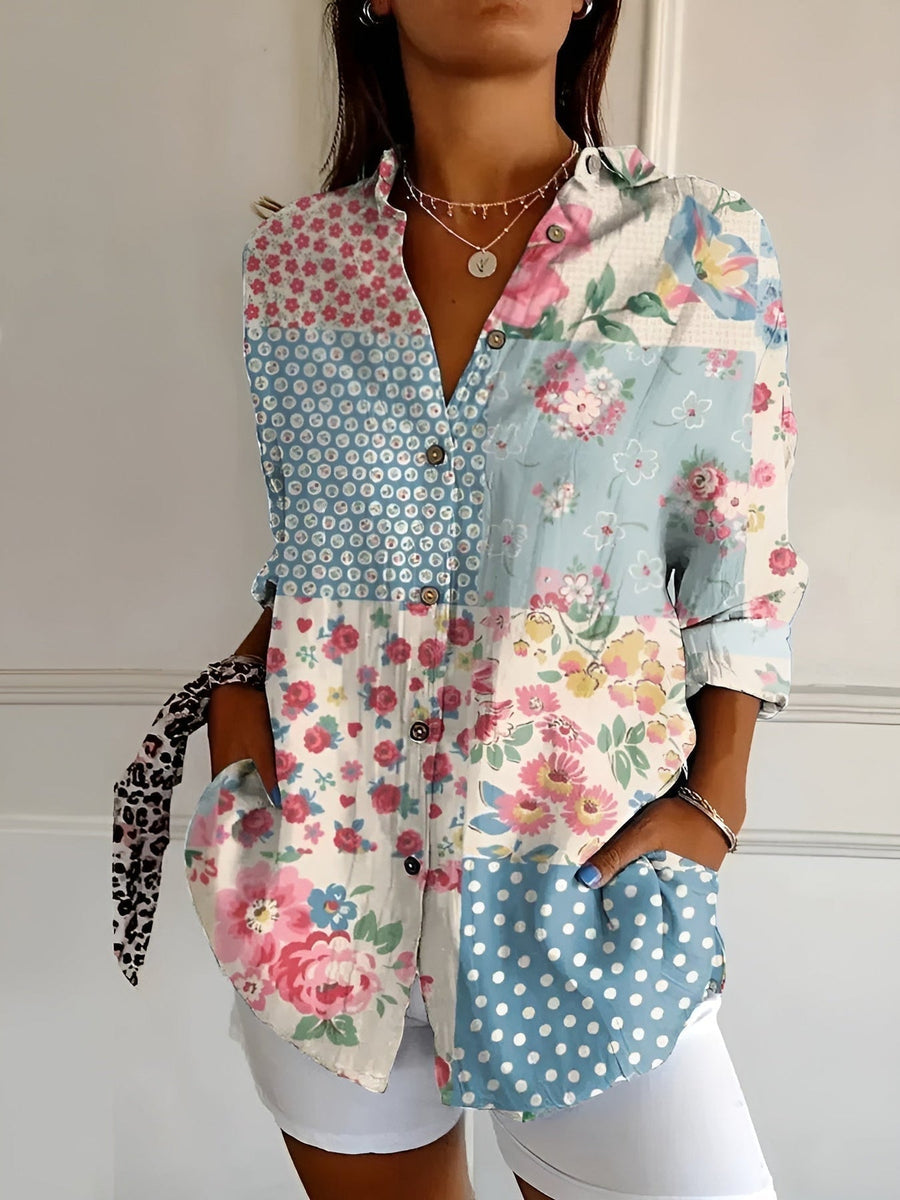 Brenda - Casual Blouse With Flowers And Waves